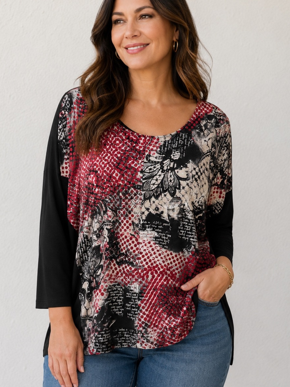 Chico's Scoop-Neck Long Sleeve Mixed Print Top in Burgundy XL